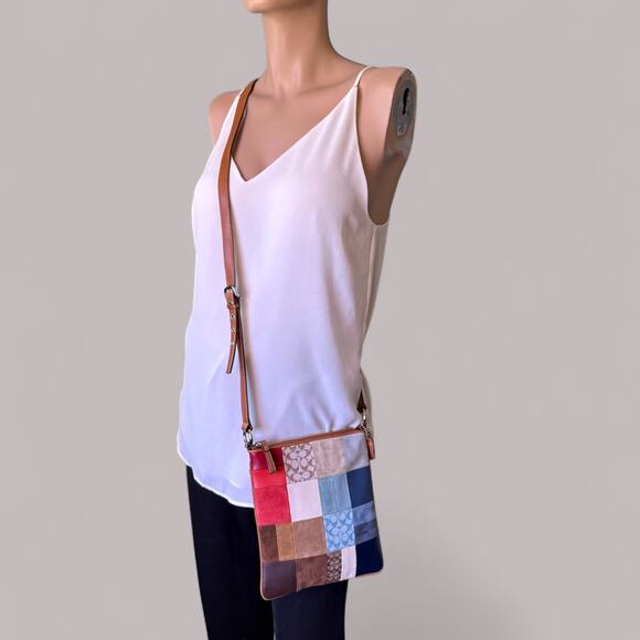 COACH 2362 Patchwork Swing Pack Crossbody Adjustable Leather Strap Suede Y2k - Picture 1 of 15